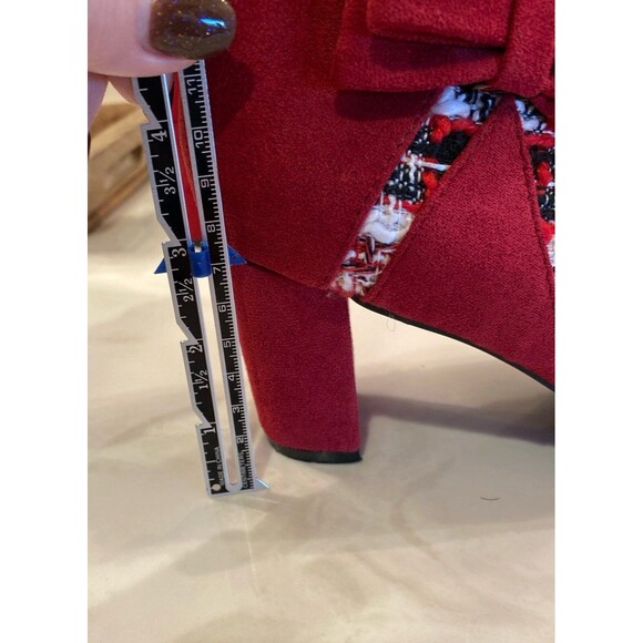 Allegra K Booties Tweed Plaid Faux Suede Ankle Boots Burgundy Sz 7 Chunky Heel - Picture 11 of 12